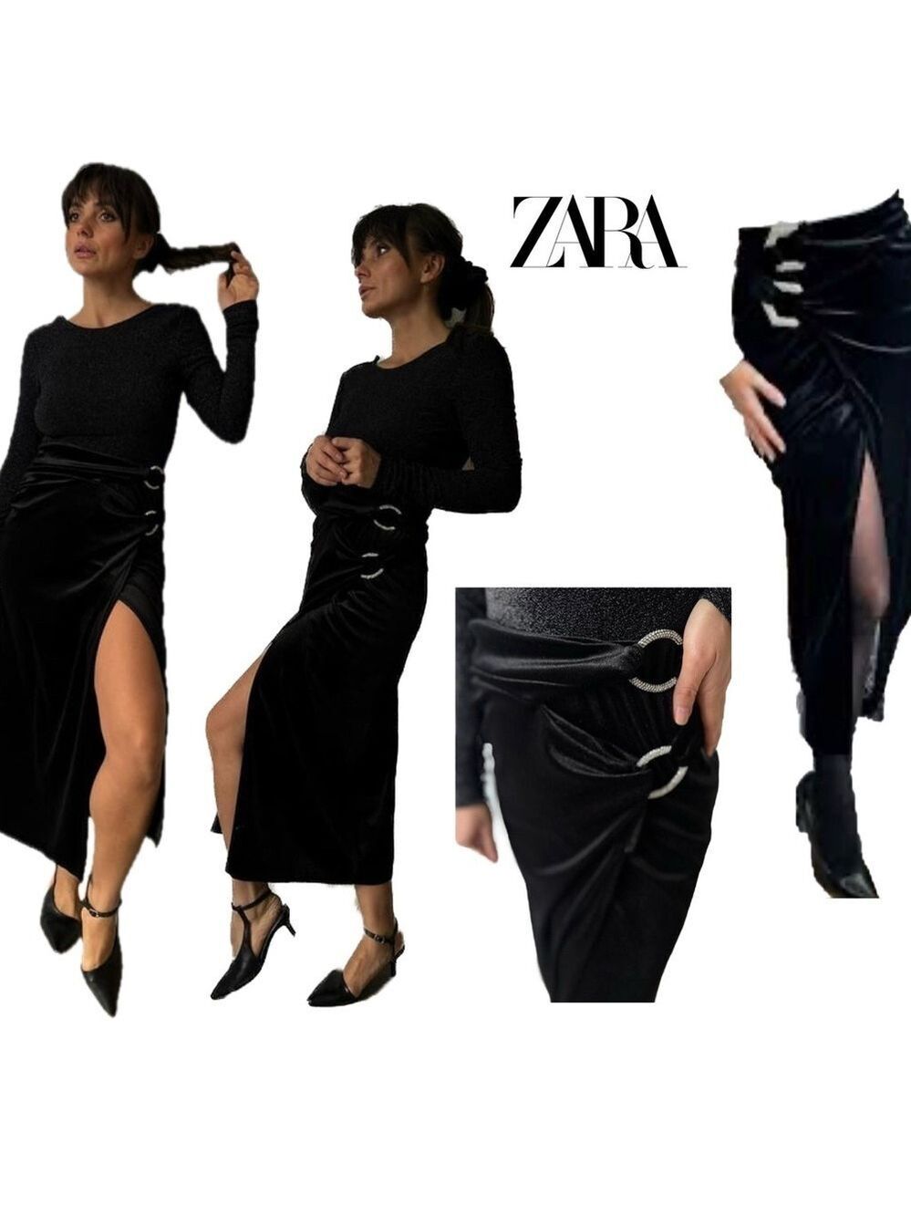 Zara black velvet midi wrap skirt slit side ruching crystal rhinestone buckles M